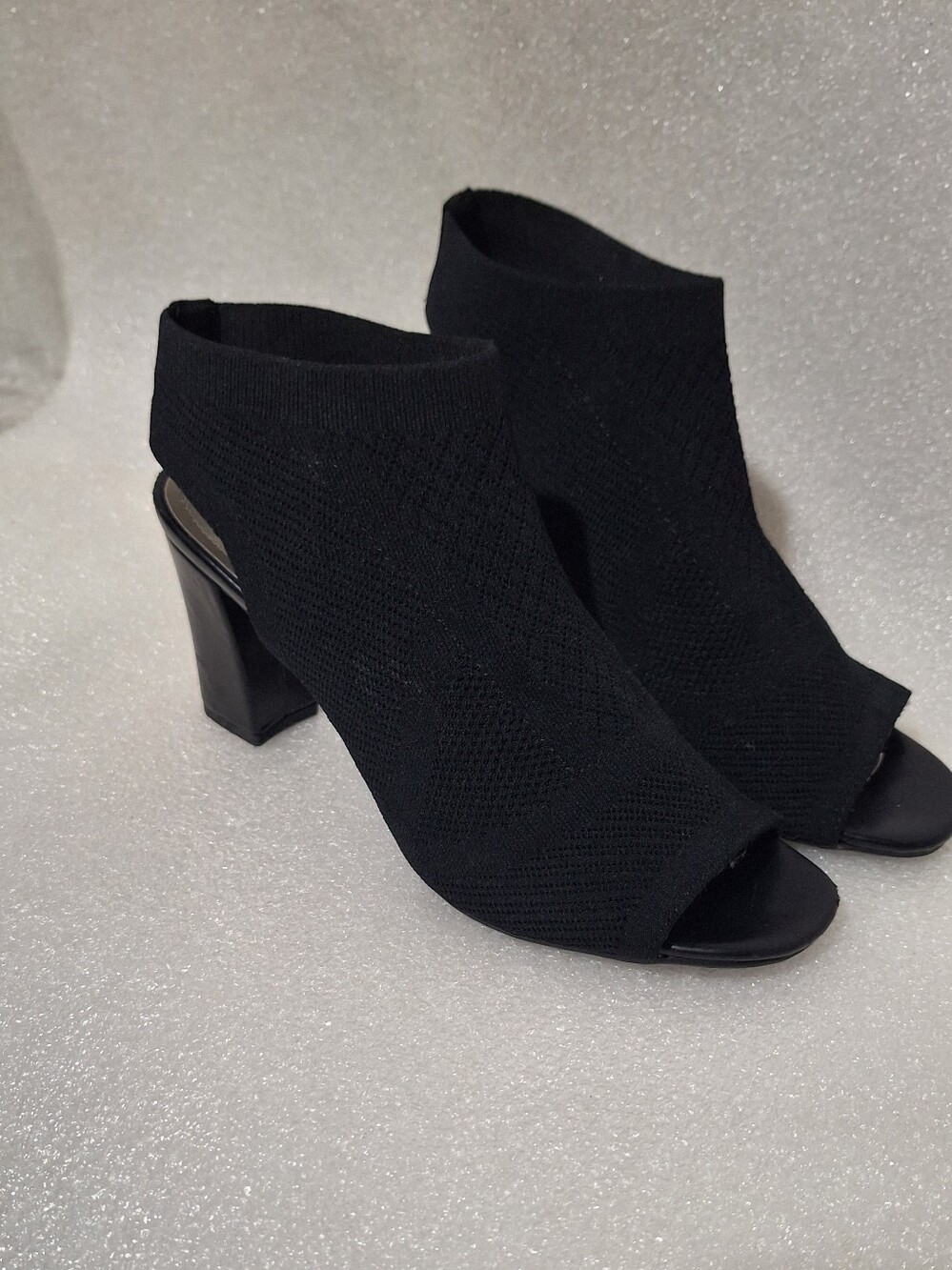 Women's Black Knit Peep-Toe Block Heel Booties